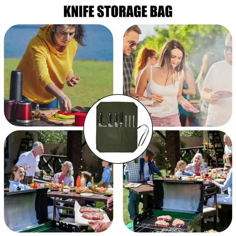 Roll Up Knives Bag Waxed Canvas Cutlery Knives Holders Protectors 7 Slots Durable Canvas Chef Knives Roll Bag Canvas Knifes ﻿