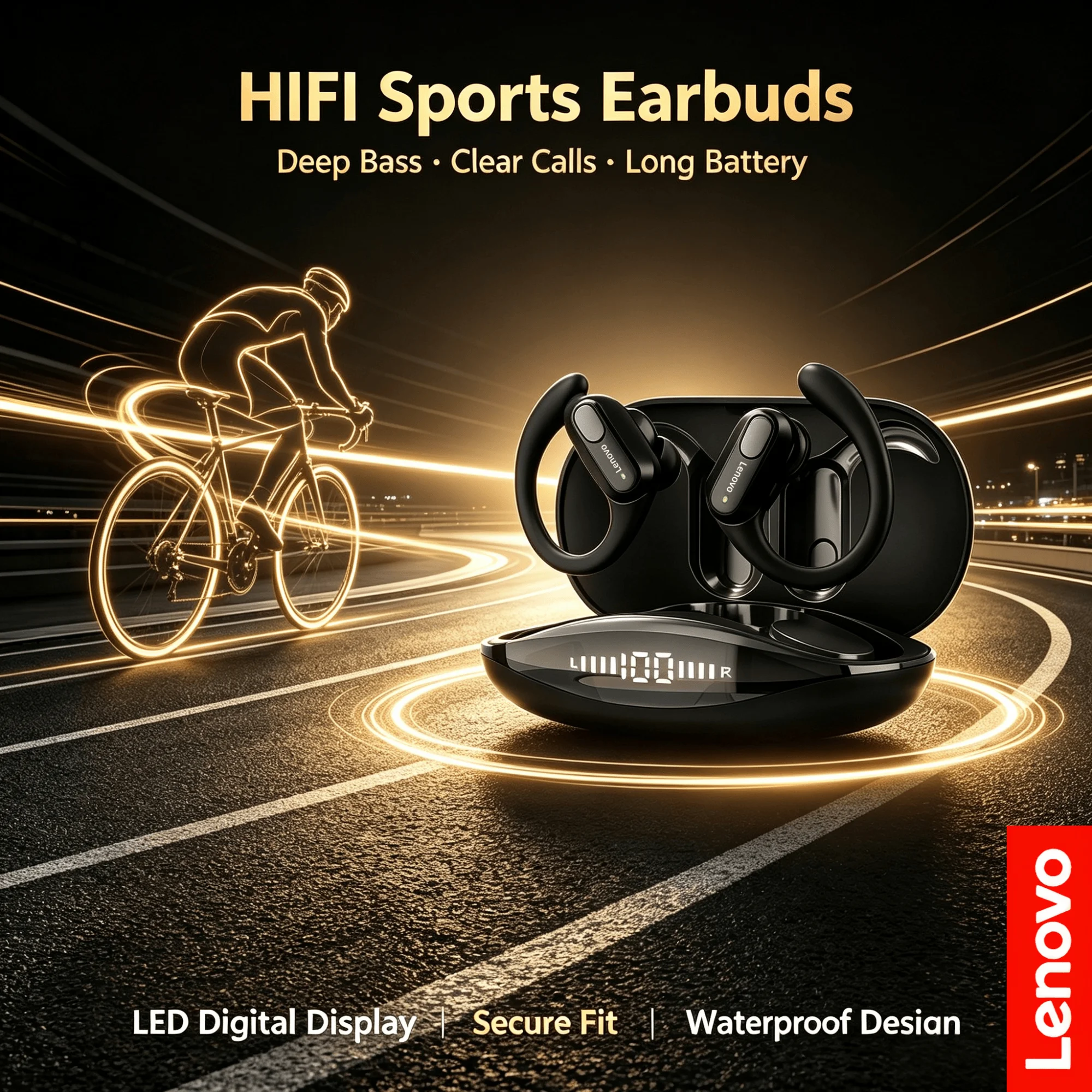 Fones de Ouvido Esportivos Lenovo XT80 TWS com Gancho para o Ouvido, Headsets Bluetooth Sem Fio, HiFi Estéreo, Conforto e Display LED de Bateria