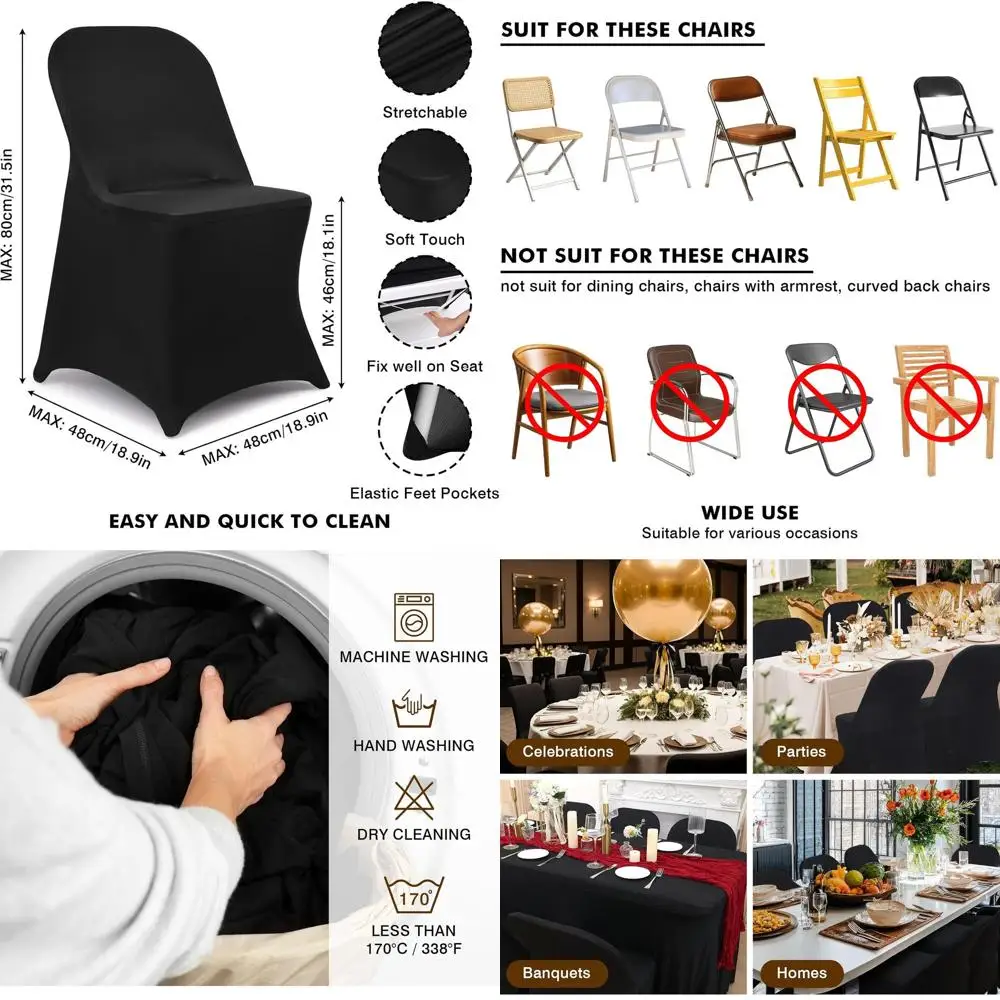 Coprisedie universali in spandex - Confezione da 55 per cene, feste, matrimoni e decorazioni natalizie (nero)