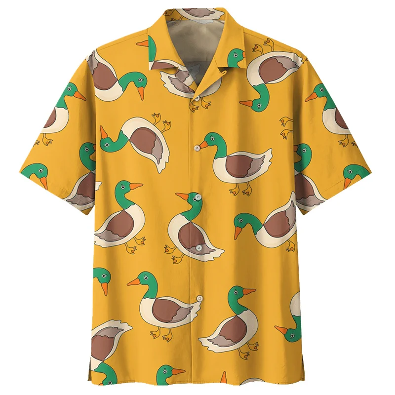 Desenhos animados pato padrão camisa havaiana manga curta, animal 3D impresso camisa, lapela botão streetwear, blusa overszied, moda verão