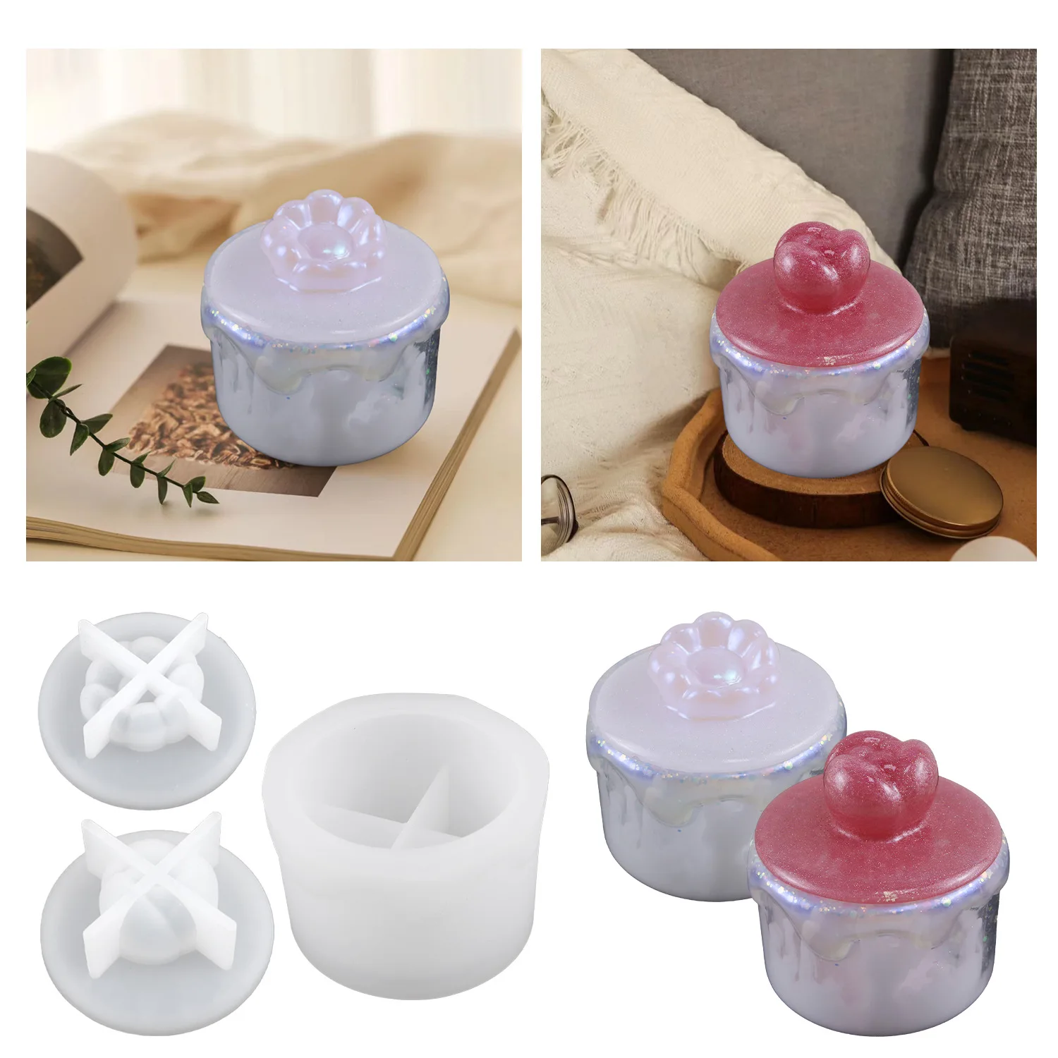 

A silicone mold with a flower shape and a lid made of epoxy resin that can be used for jewelry storage and ornaments