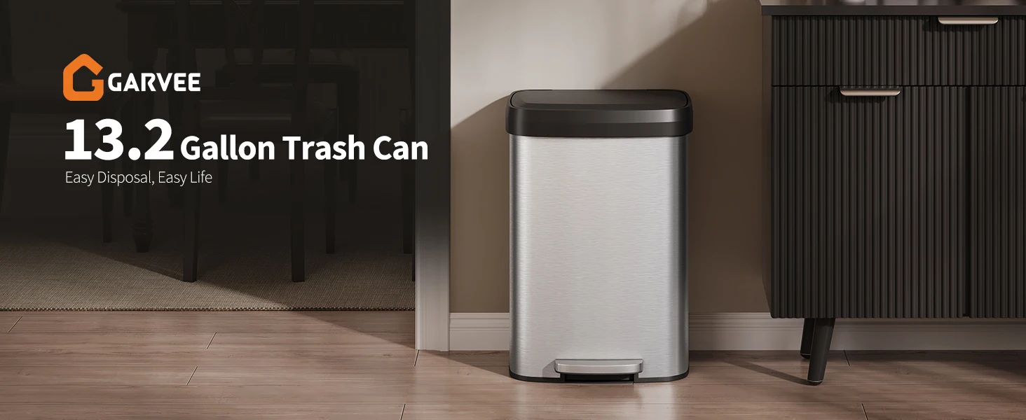 13 Gal / 50L Stainless Steel Step Trash Can – Soft Close Plastic Lid, Liner Rim, Rear Handle, Rustproof Kitchen Garbage Bin, Silver
