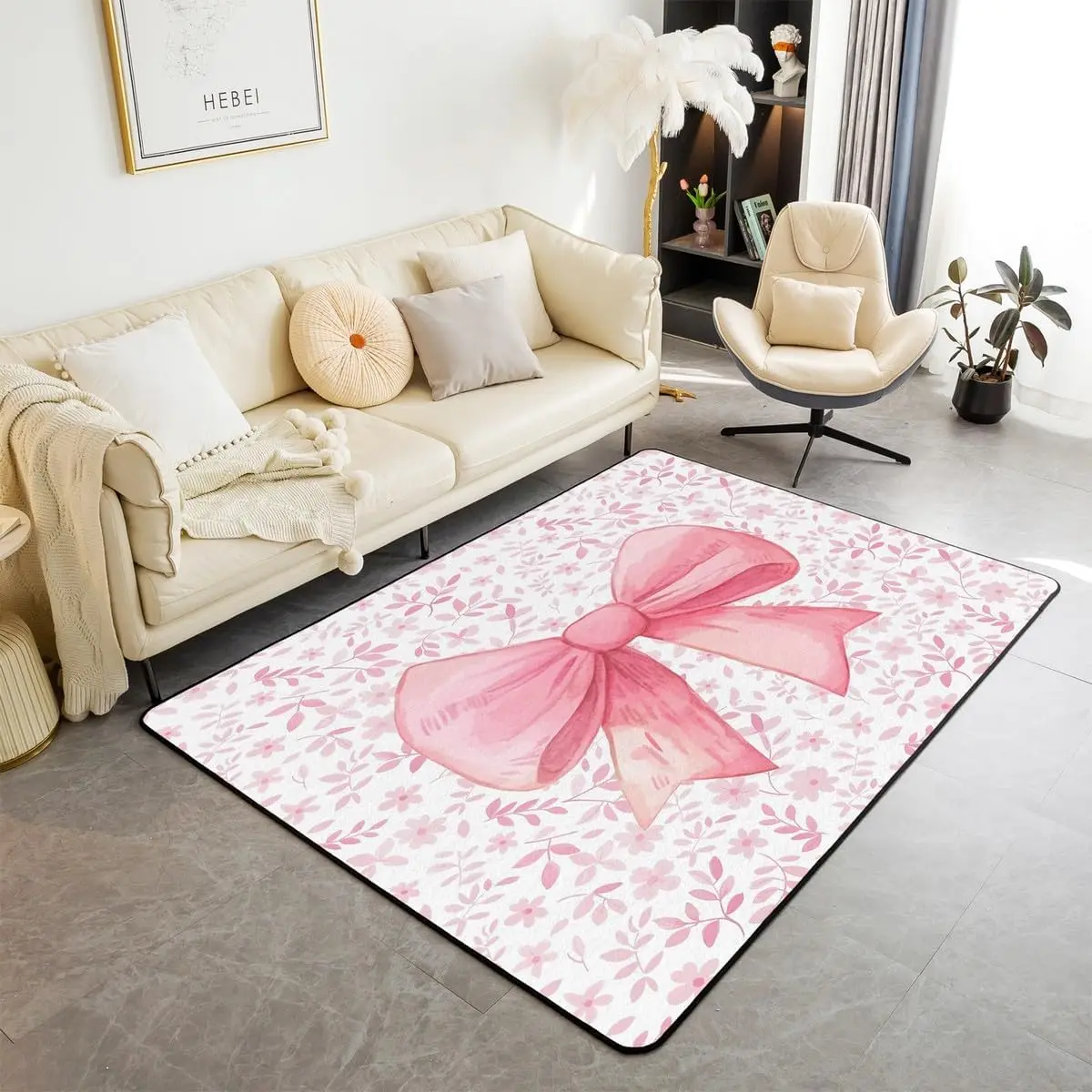 Bowknot Carpet for Living Room,Kids Cute Bow Area Bedroom,Dreamy Princess Style Indoor Floor Mat,Pink Bow Tie Decorative Rug