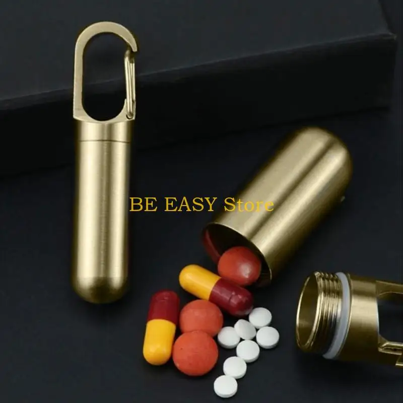 

E28F Practical Brass Pills Container with Keychain Secure Travel Case for Medications