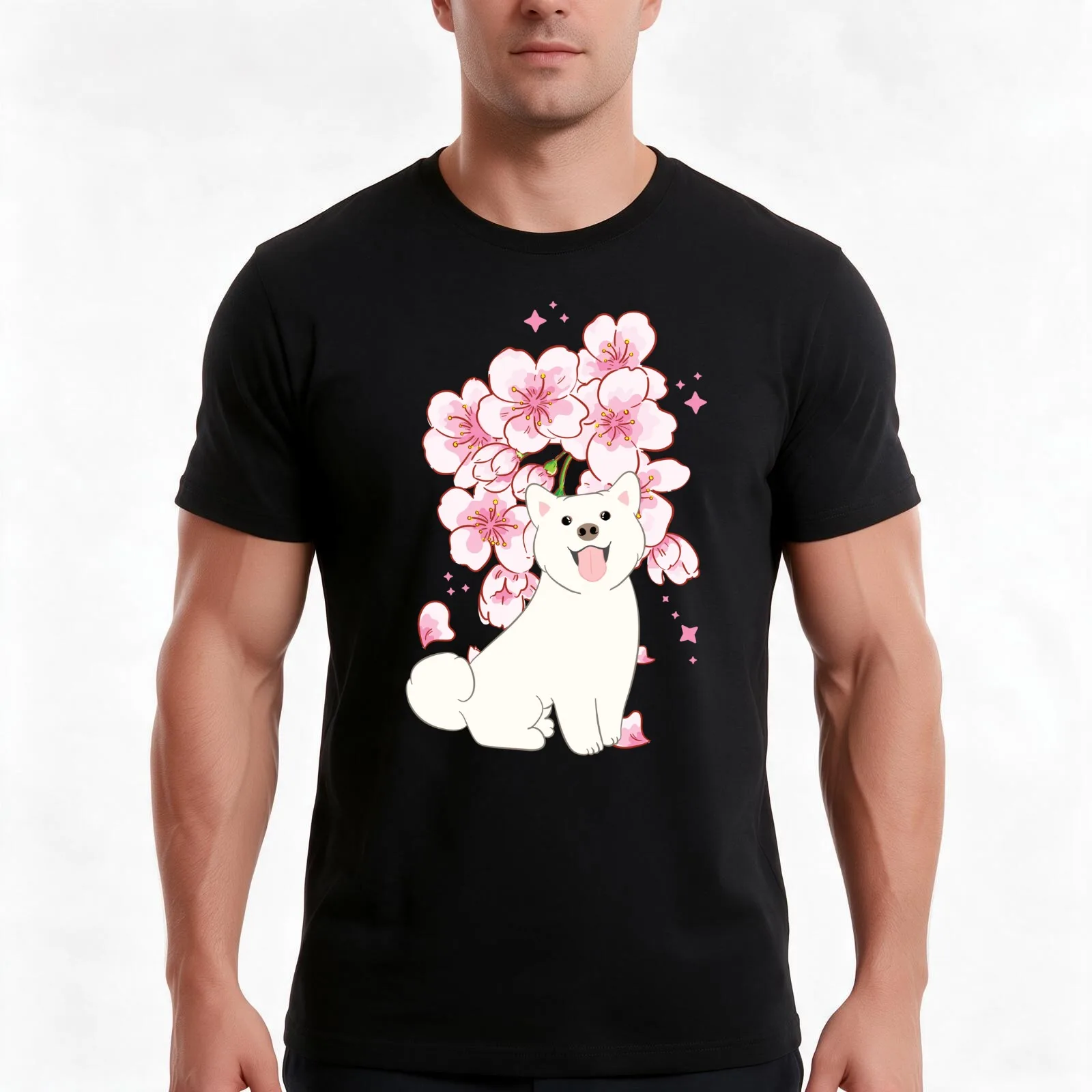 Cream Shiba Inu Cherry blossom T-Shirt, Summer Casual Cotton Tee, Oversized Streetwear Tops, Vintage Graphic Print, 100% Cotton