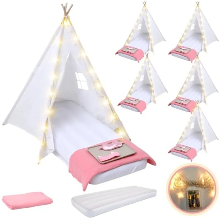

6 Pack Teepee Tent for Slumber Party Sleepover Indoor Outdoor Play Tent with Air Mattress Star Lights Blankets Trays Sheets Nat