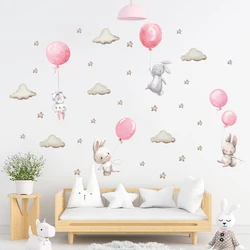 Cartoon Balloon Rabbit Wall Stickers for Children Room Kids Room Colorful Animals Home Decoration Bedroom Wall Art Living Room