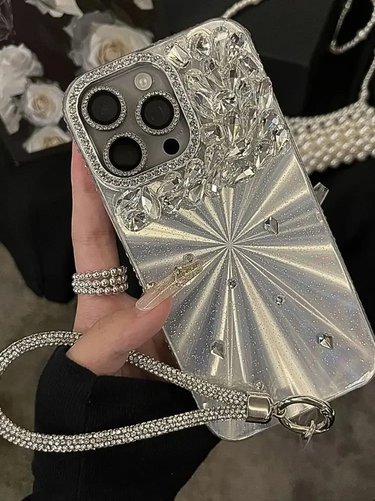 

Luxury Glitter Diamond Designer Case for iPhone 15 Pro Max Bling Rhinestones Shiny Strap Phone Cover for iPhone 13 14 Plus 11 16