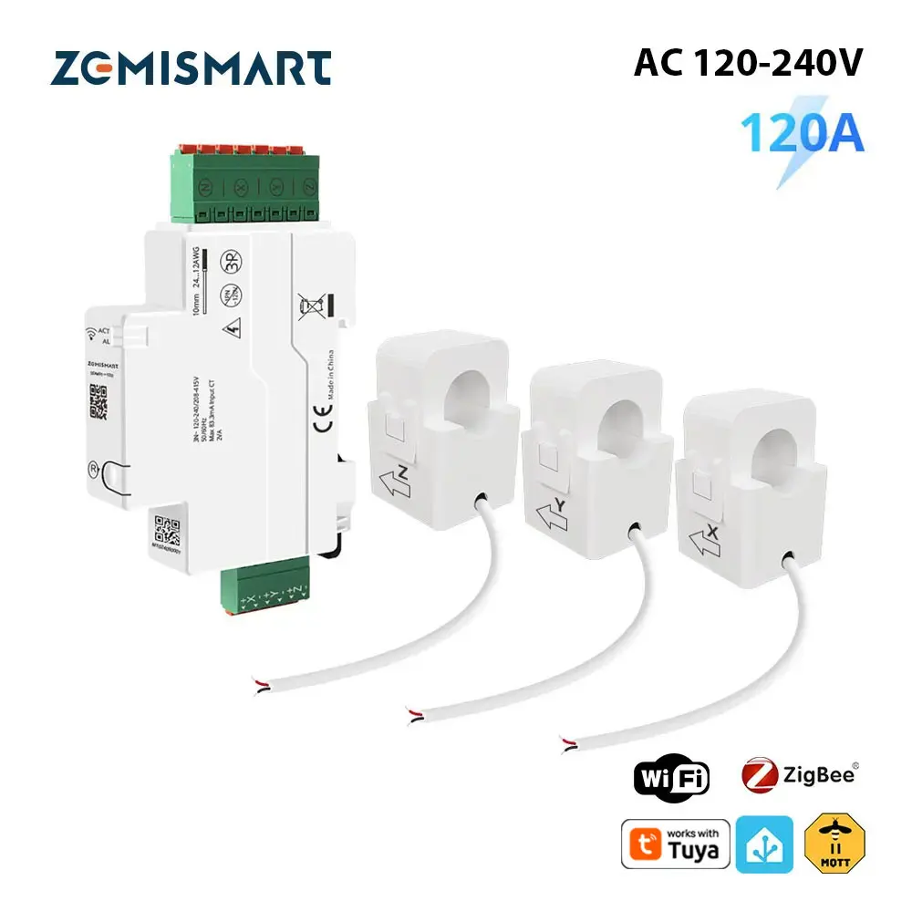 Zemismart Zigbee WiFi 120A 3 Phase Energy Meter Smart Din-rail Power Monitor Withdrawable Split-core CTs 120V 240V Tuya App