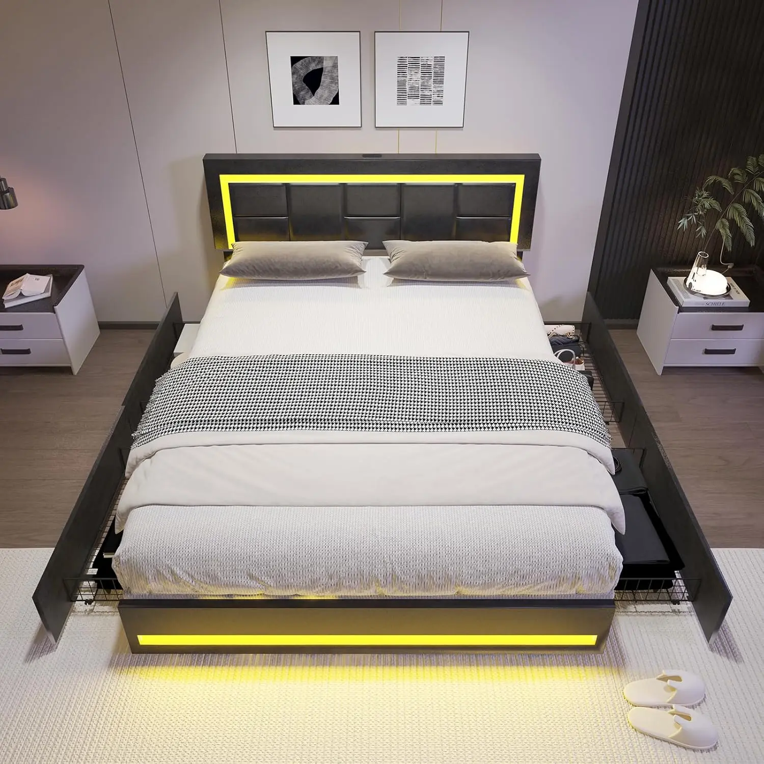 Cama Queen com LED e 4 Gavetas de Armazenamento, Estrutura de Cama Estofada em PU com Luzes LED e Estação de Carregamento, Personalizável
