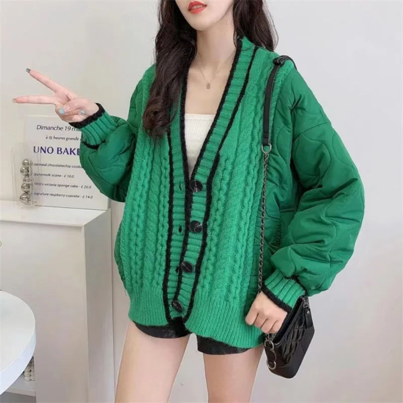 Women Long Sleeve Thick Cotton-padded Coat Ladies Elegant Winter Warm Fashion Splicing Knitted Jacket Quilted Coats Clothing