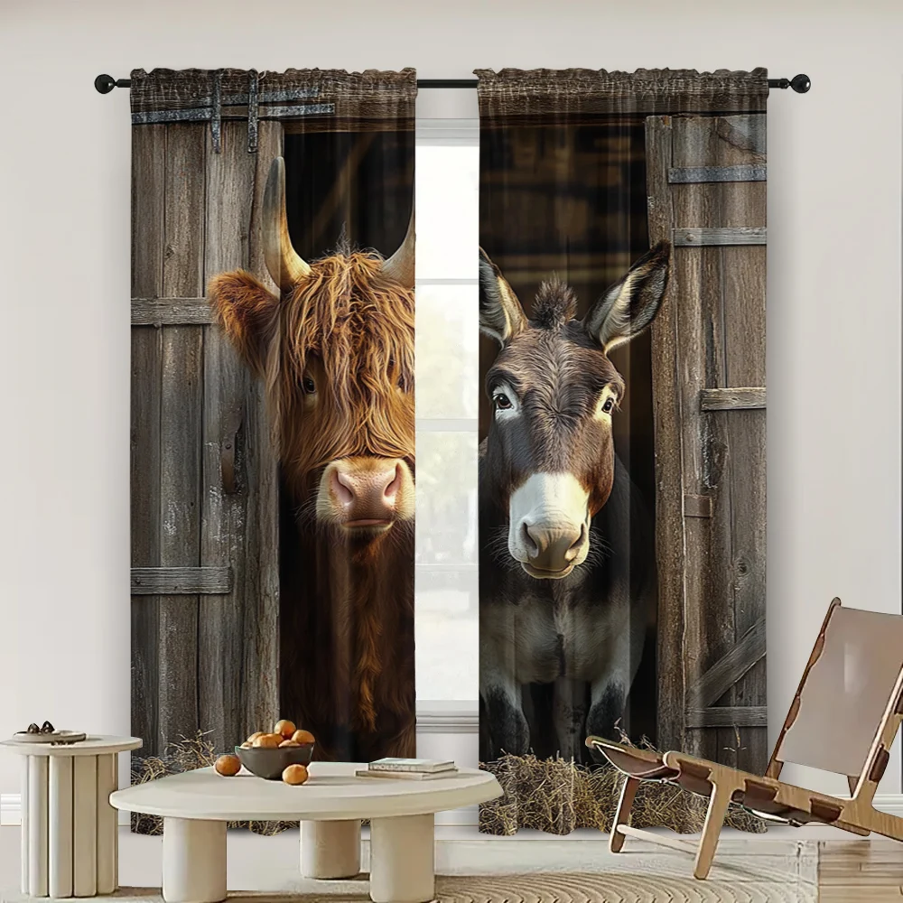 2pc,  Window Curtains Farmhouse West Highland Cow Barn Door Cow Donkey Goat Cattle Country Vintage Wooden Machine Washable