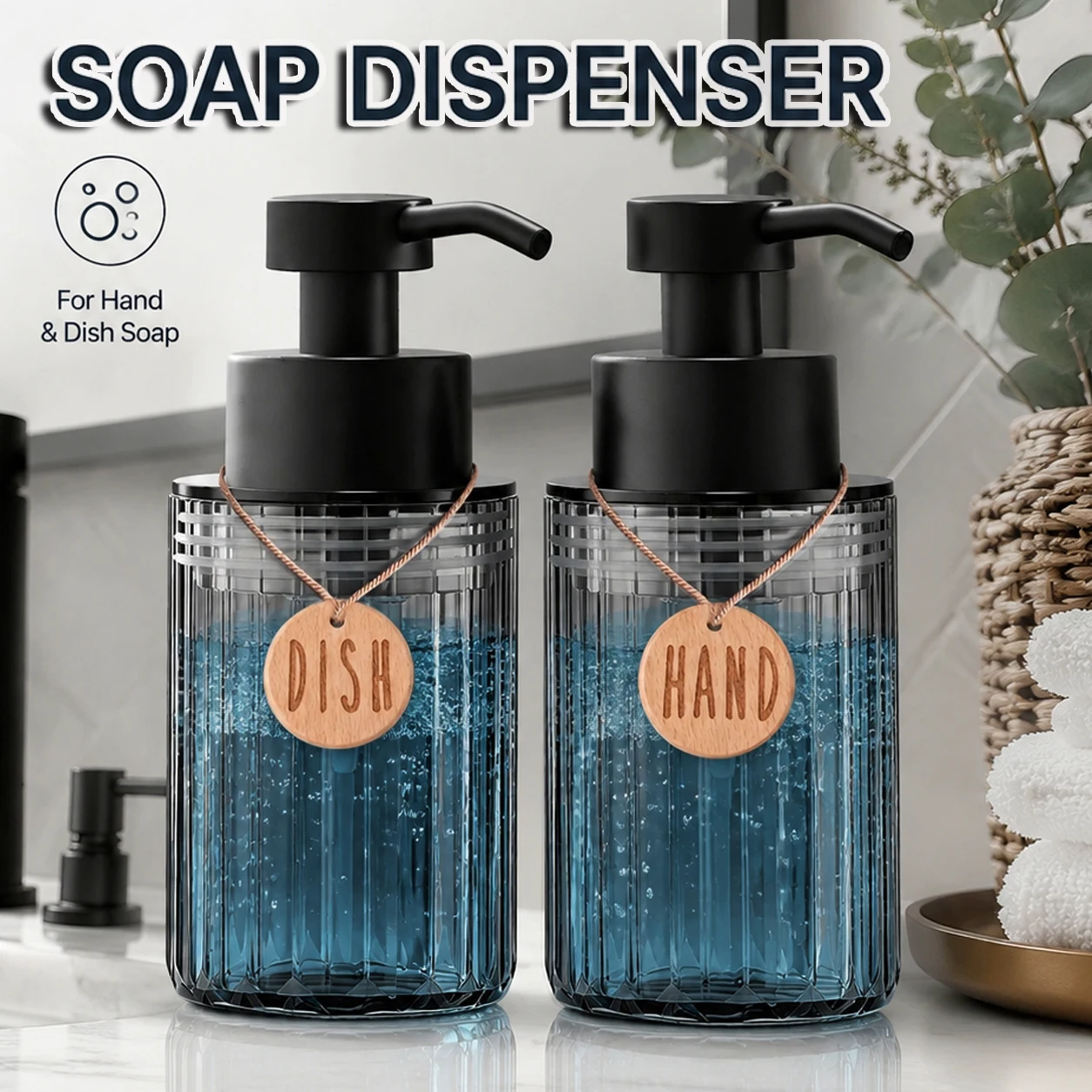 2Pcs Lotion Soap Dispenser with Tags, Refillable Hand and Dish Soap Bottle for Bathroom Vanity, Kitchen Sink Decor