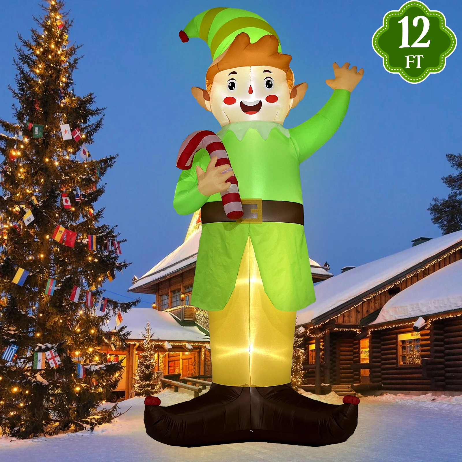 12FT Inflatable Christmas Candy Elf Station, Standing Inflatable Holiday Candy Elf for Holiday Party and Party Decorations