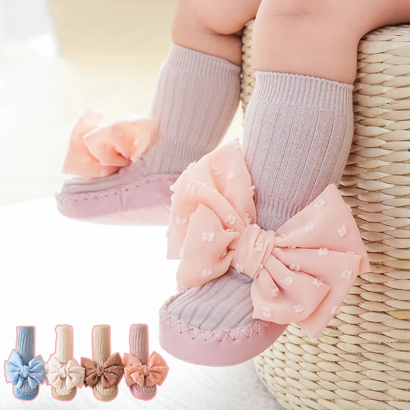 

Bow Newborn Walking Shoes Soft Sole Footwear Spring Autumn Anti Slip Baby Floor Socks Princess Kids Long Tube Shoes Sock 0-3Year