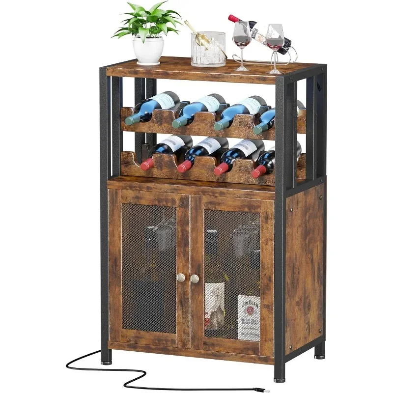 Armoire de bar à vin avec poignées amovibles, porte-verre T1, café de ferme, port USB, lumières LED