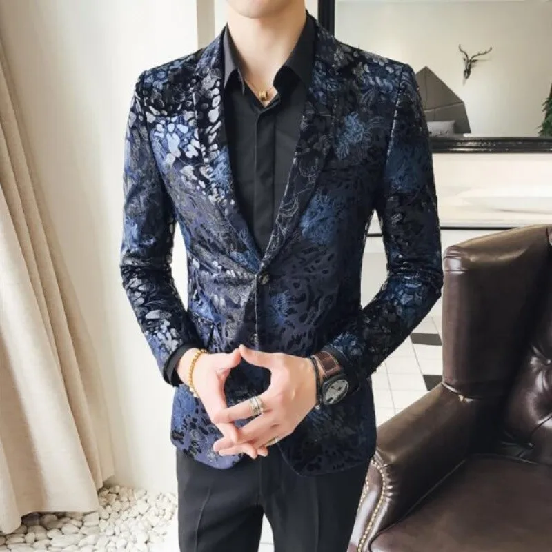 Quality Spring New Mens Gold Velvet Blue Fashion Suit Easy Care Europe Britpop Blazers Jackets Retro Men Slim Fit Wedding Coat