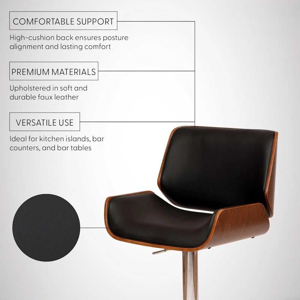 مقعد مرتفع دوار من الجلد وخشب الجوز مع وسادة، مقعد بار طويل مع مسند قدم معدني ولمسة نهائية من الجلد