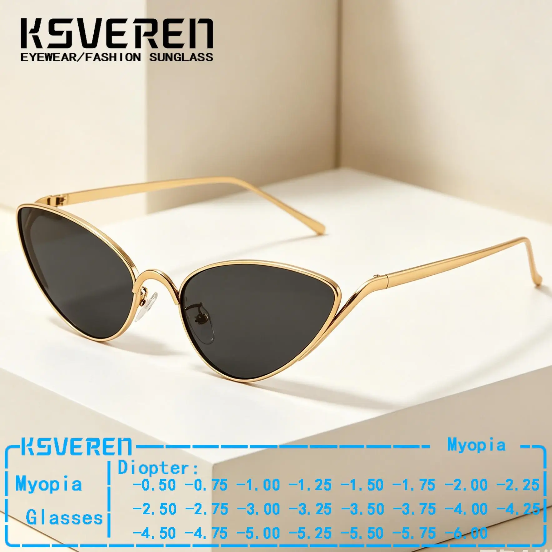 Triangle Cat Eyes Metal Myopia Sunglasses Women Trendy Finished Prescription Glasses Outdoor Sunshade Eyewear Negative Diopter