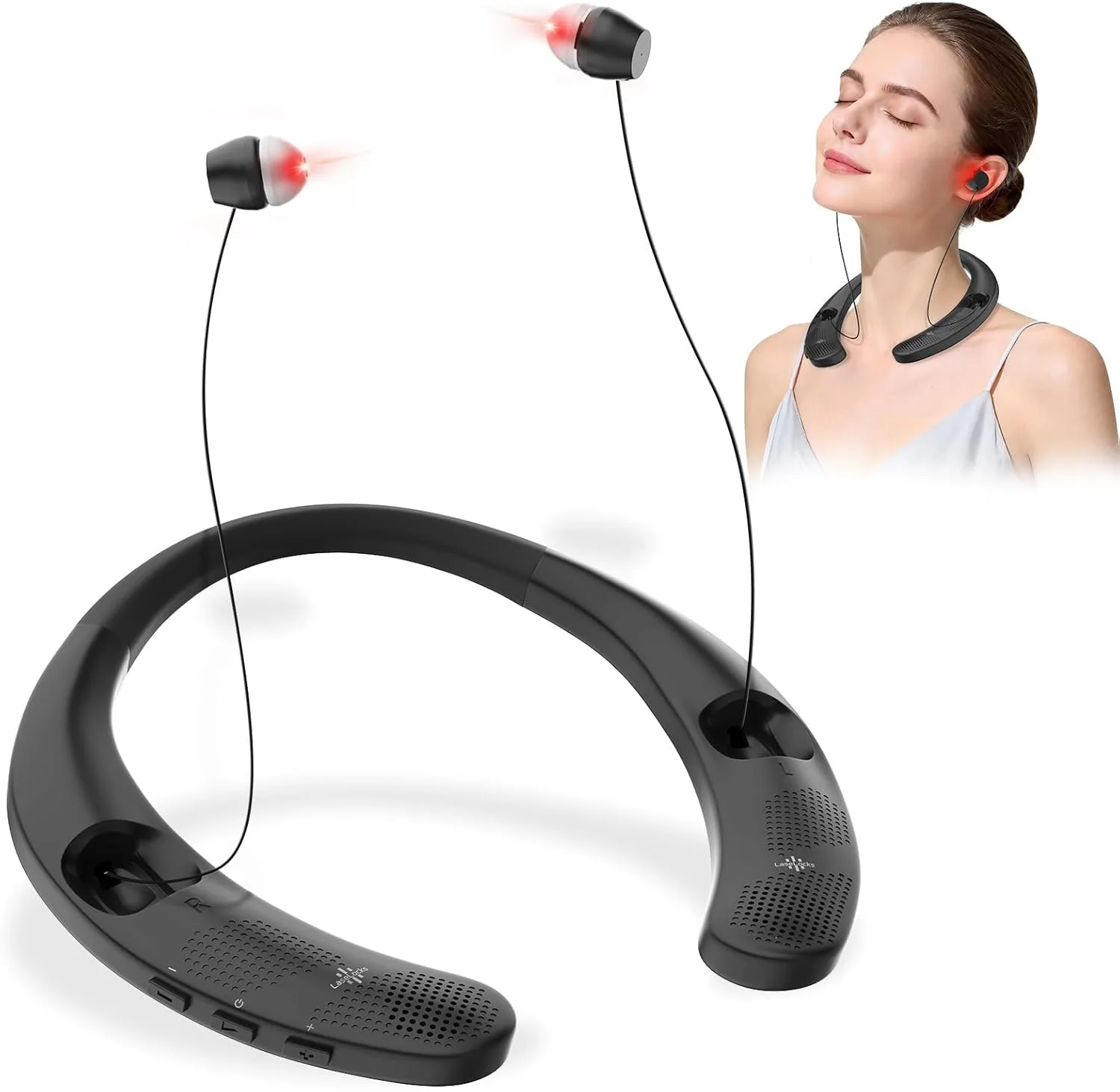 

Portable Ear Red Light Therapy Device for Tinnitus Otitis Media Wearable Ear Wellness Neckband Design Adjustable Earbud Cord