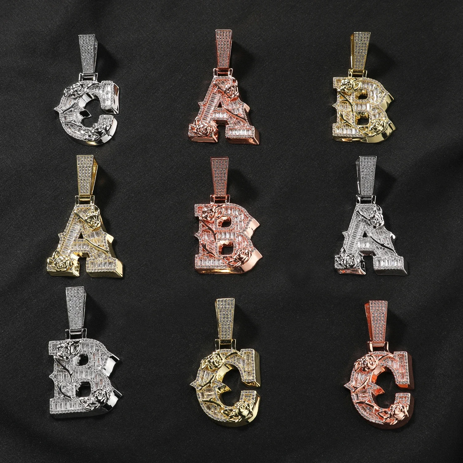 TOPGRILLZ Custom Letter Pendant Iced Out CZ Baguette Thorn Rose Initial Name Charm Hip Hop Jewelry Men Women