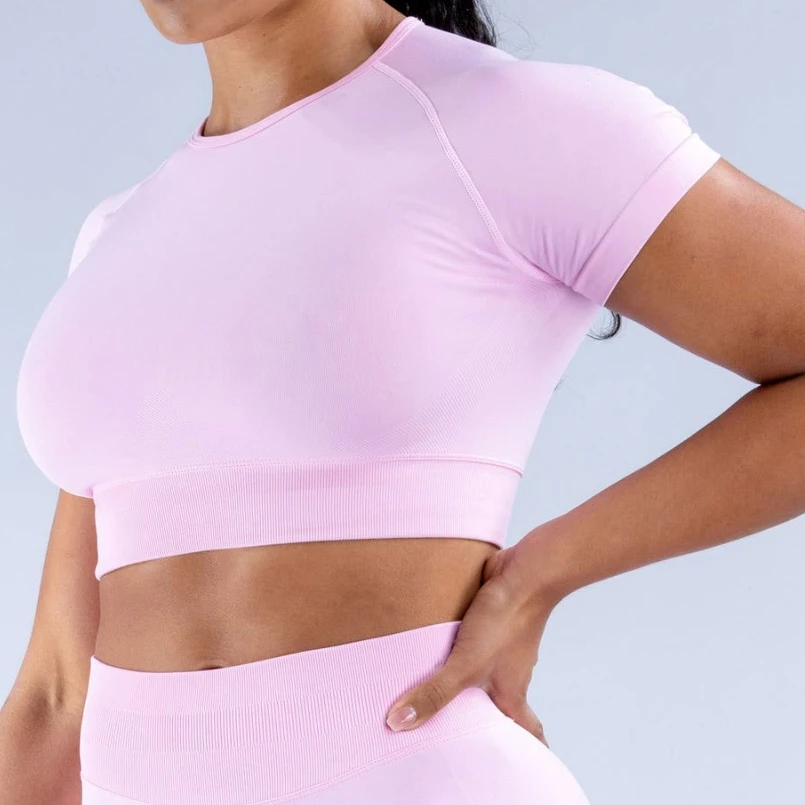 Top corto de impacto para mujer, camisa de Yoga sin costuras de manga corta, ultraelástica, suave al tacto, Top de entrenamiento, ropa de gimnasio, camisetas para correr