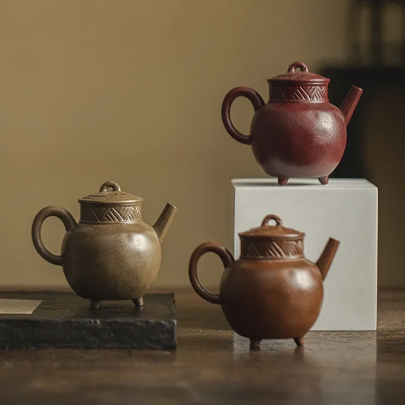 1Pc 140ML Japanese-style Coarse Pottery Teapot KungFu TeaSet Three-legged Teapot Ball Hole Filter Purple Sand Soil Hand-held Pot