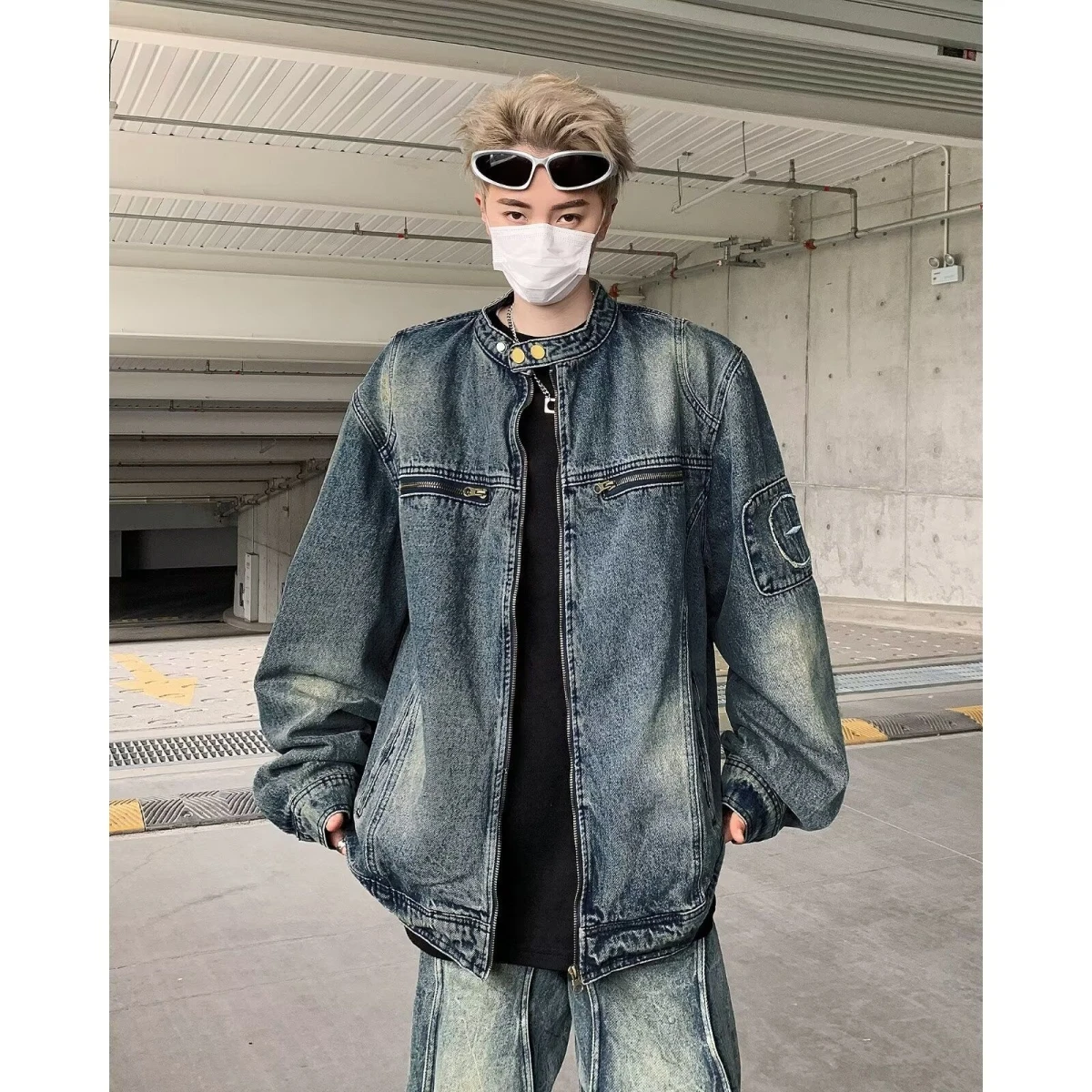 

Retro American Waed Zipper ket Denim Jaet Loose ex Trendy Casual Outerwear Polyester Cotton Recycled Fiber