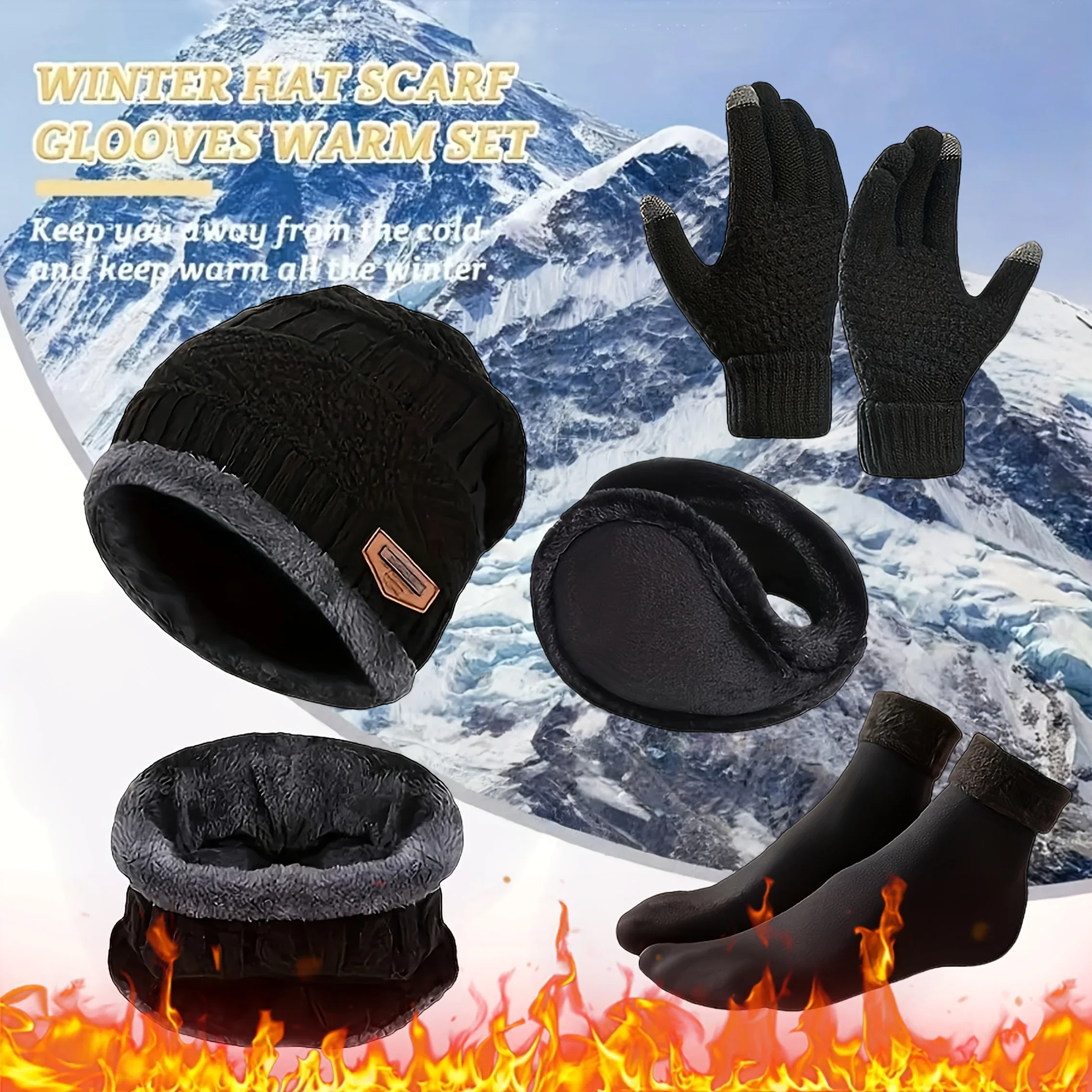 5 Pieces of Winter Warm Gloves, Earmuffs, Anti Slip Socks, The Ultimate Cold Weather Protection for Outdoor Adventures