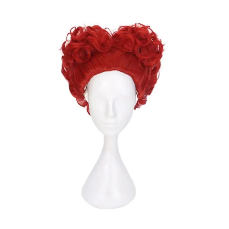 Red Queen Inspired Red Curly Double Bun Wig Red Heat Resistant Synthetic Hair Wigs + Wig Cap for Alice Halloween Costume Parties