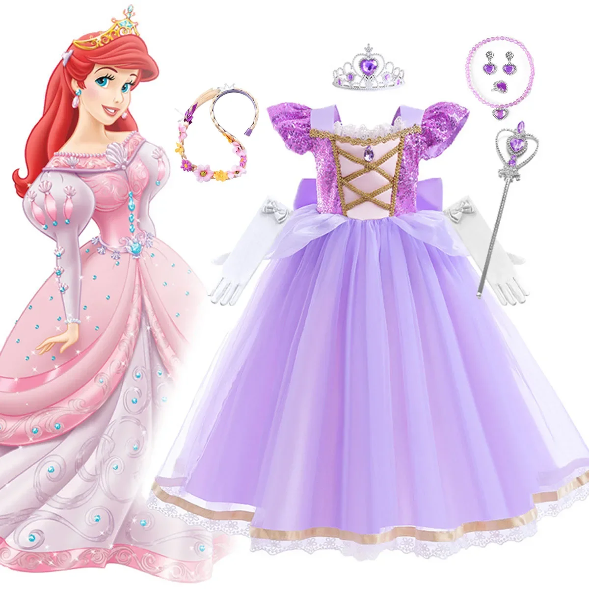 HXCMall Sukienka dla małych dziewczynek Fioletowa Rapunzel na przyjęcie urodzinowe Cosplay Halloween Sukienka świąteczna dla dziewczynek