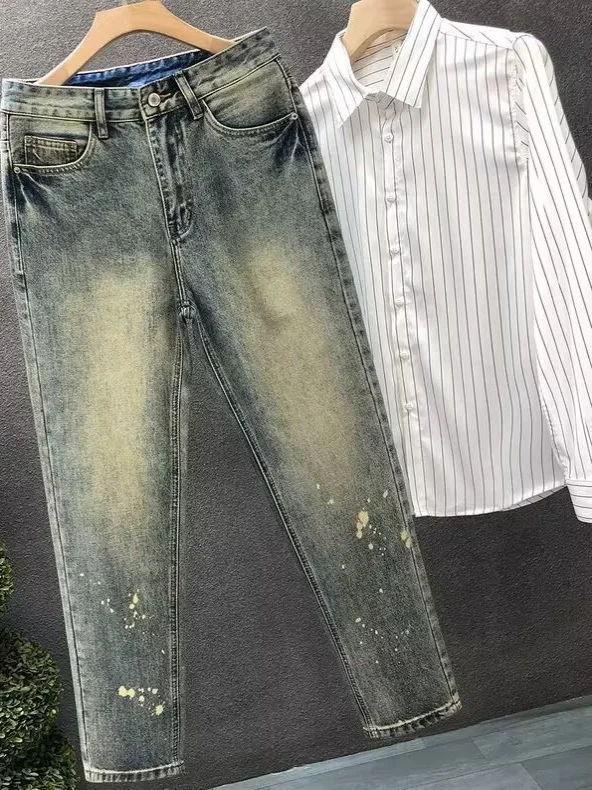 بنطلون جينز ريترو متعثر مستقيم الساق للرجال صيفي رقيق غير رسمي طويل سروال مقاوم للاهتراء نمط كلاسيكي موضة الشباب