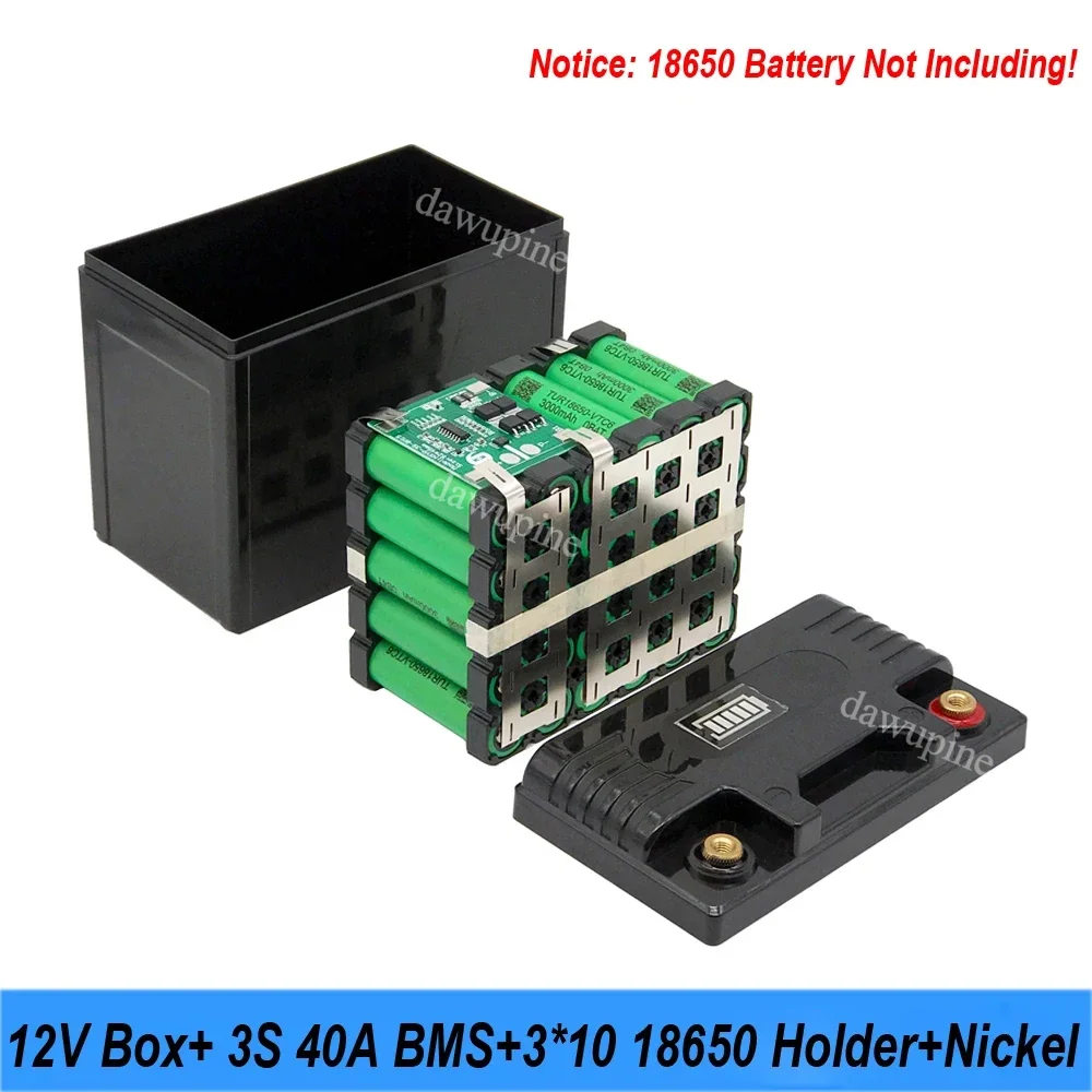 12V 30Ah to 35Ah Motorcycle 18650 Battery Holder Storage Box Plastic Case 3S 40A BMS With Nickel Strip for Camping Power Bank