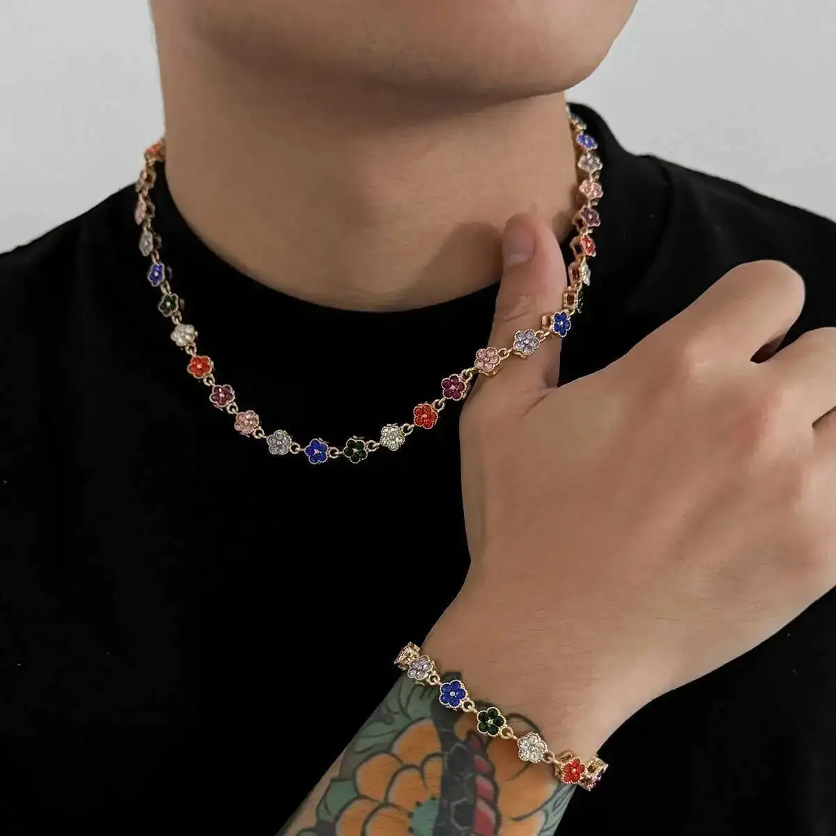 

Lacteo Bohemia Colorful Rhinestone Flower Chain Necklace Bracelet for Men Trend Exquisite Charm Bangle Short Choker Jewelry Gift