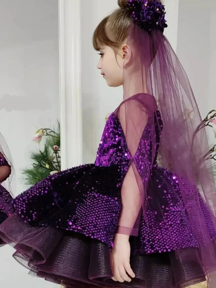 Vestido de baile de manga comprida infantil, vestidos de gaze para menina, princesa, aniversário, elegante, vestido de baile infantil, roupa de lantejoulas, novo