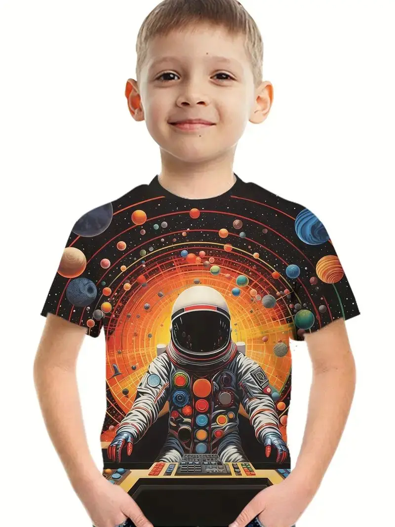 Uniqlo Interstellar Universe Space Print Children T-Shirt Astronaut Mysterious Space Sports Vibrant Boys Short Sleeve Summer Y2K