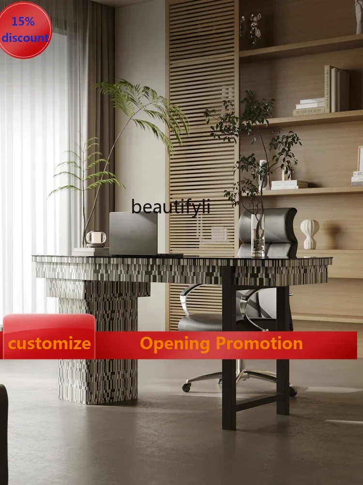 

Italian Minimalist Desk Tempered Office Glass Table Solid Wood Desk Study Computer Desk G1218