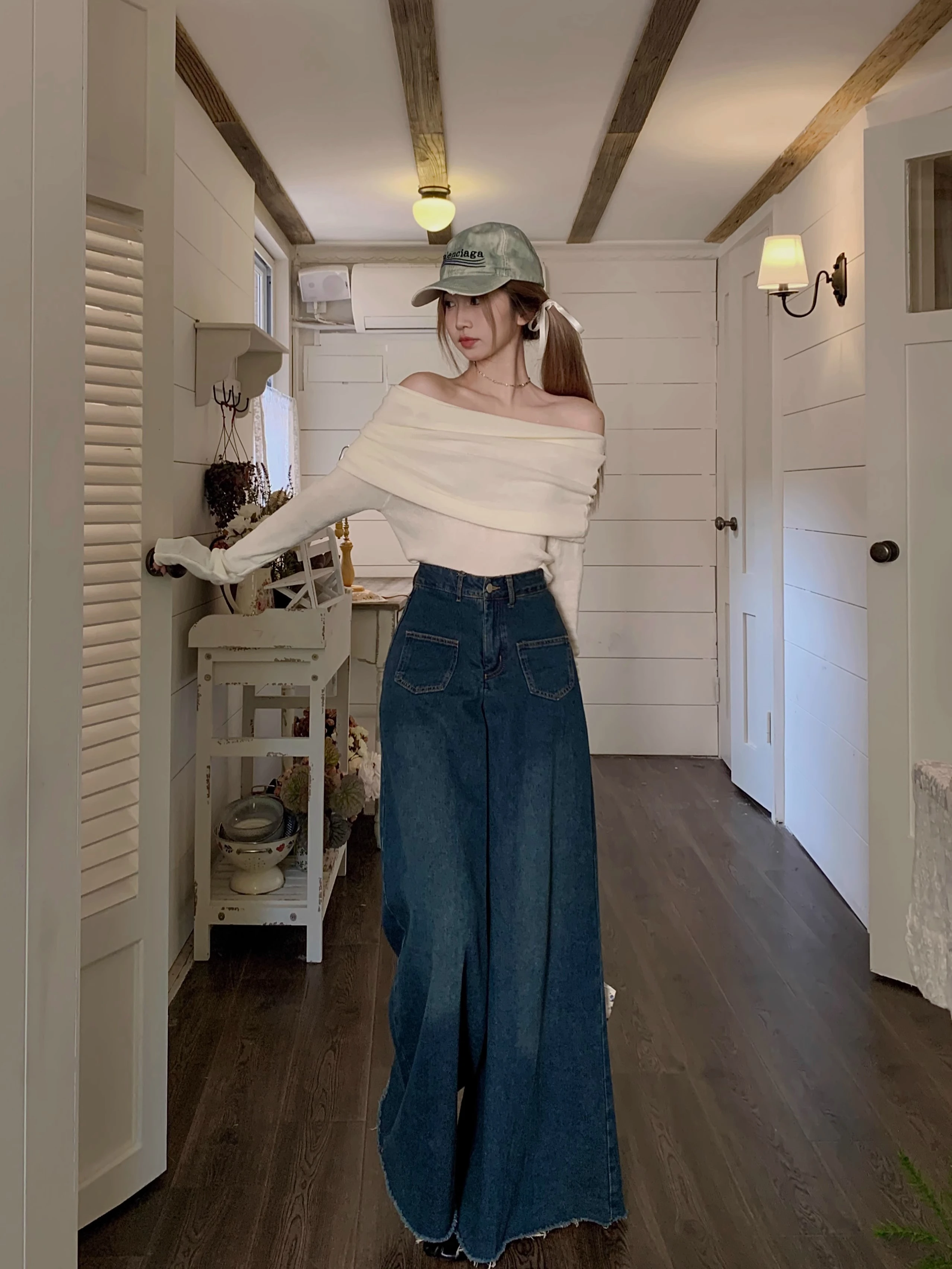 

Large trousers raw edge wide leg jeans women Summer 2024 new high waist loose floor mopping pants