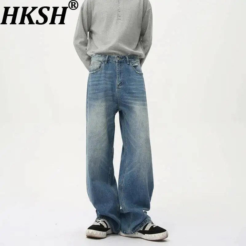 

HKSH Spring New Men Tide Chic Ins Clothing Streetwear Dark Washed Vibe Punk Straight Versatile Jeans Vintage Denim Pants HK24018