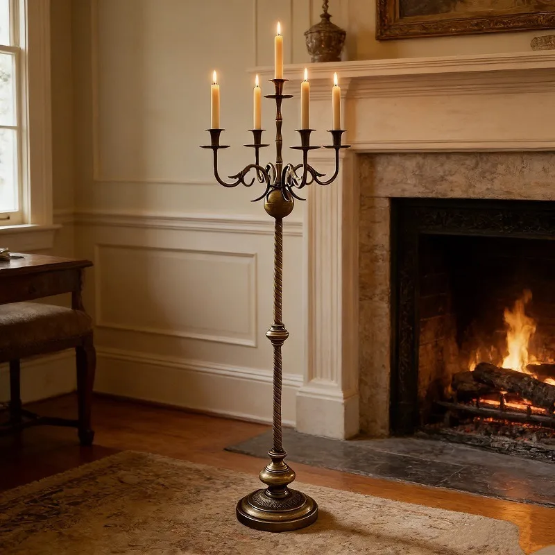 American Vintage Bronze Large Distressed Wrought Iron Candelabra, Tall Floor Candle Cup for Wedding & Banquet Table Decor