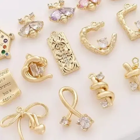 14K Gold Inlaid Zircon Bee Bow Pendant, Light, Luxury Series, DIY Bracelet, Necklace, Ear Accessories