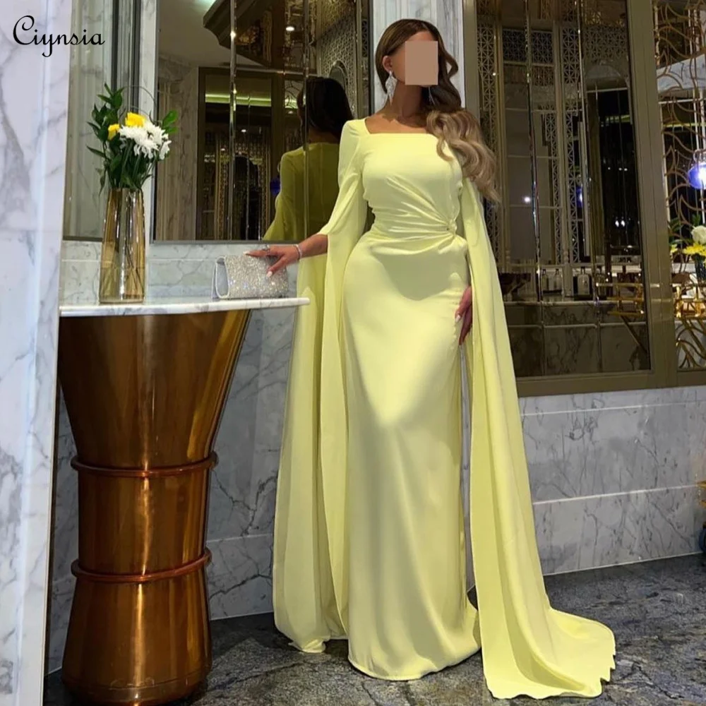 Ciynsia Elegant Square Neck Women Evening Dresses Mermaid Chiffon Yellow Saudi Arabia Formal Party Gowns Long Vestidos De Gala