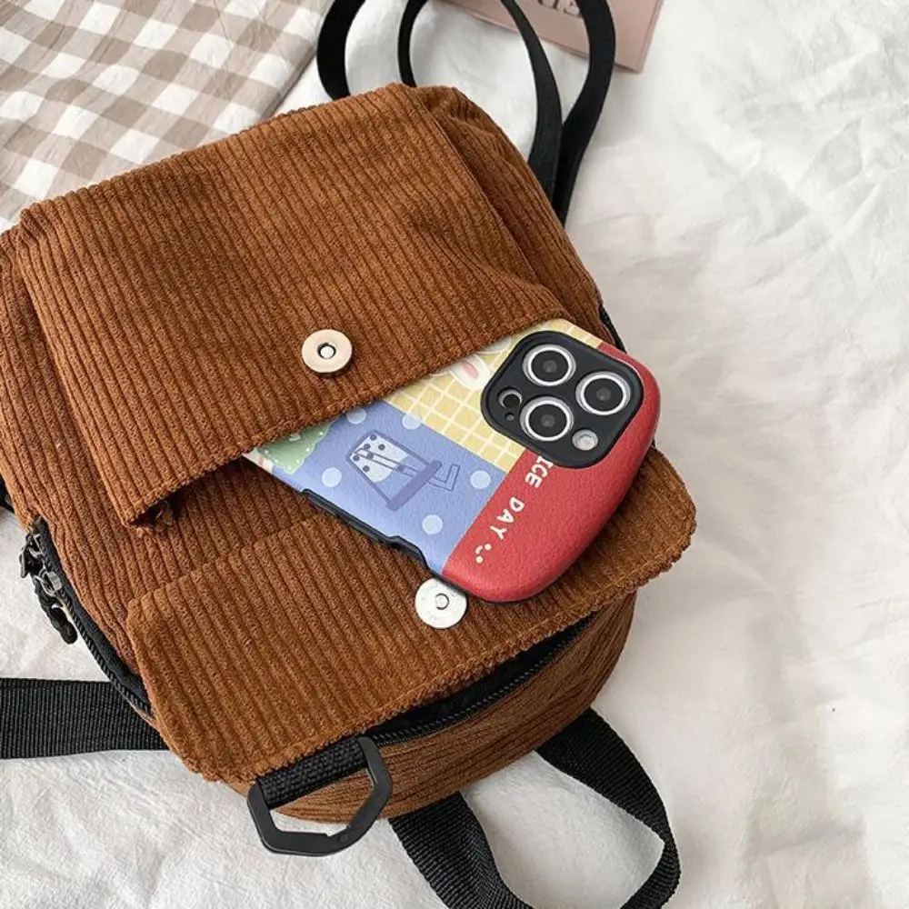 Solid Color Small Velvet Backpack Fashion Stripe Zipper OL Style Shoulder Bag Korean Style Phone Bag Small School Bag Students