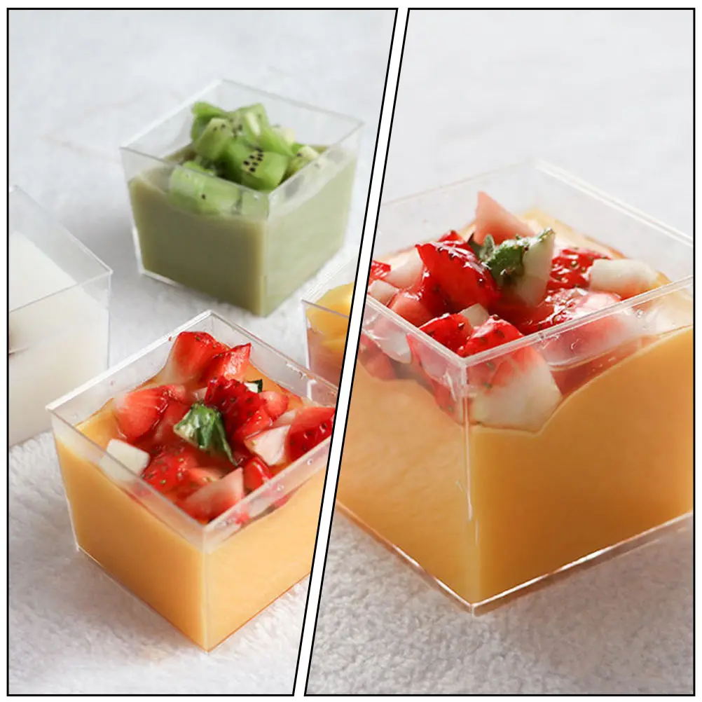 

50pcs Disposable Pudding Cups Plastic Cake Storage Transparent Dessert Cups Square Design Birthday Party Banquet