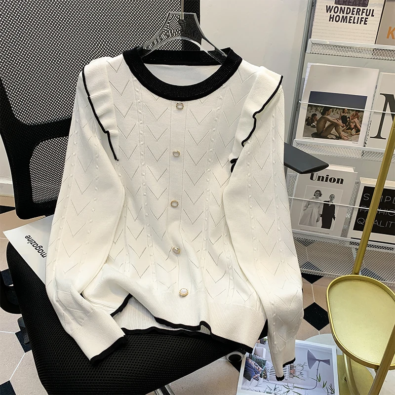 

M-4XL Women Knitted Sweaters Autumn O-Neck Ruffles Pullovers Elegant Female Buttons Loose Knitwear Tops