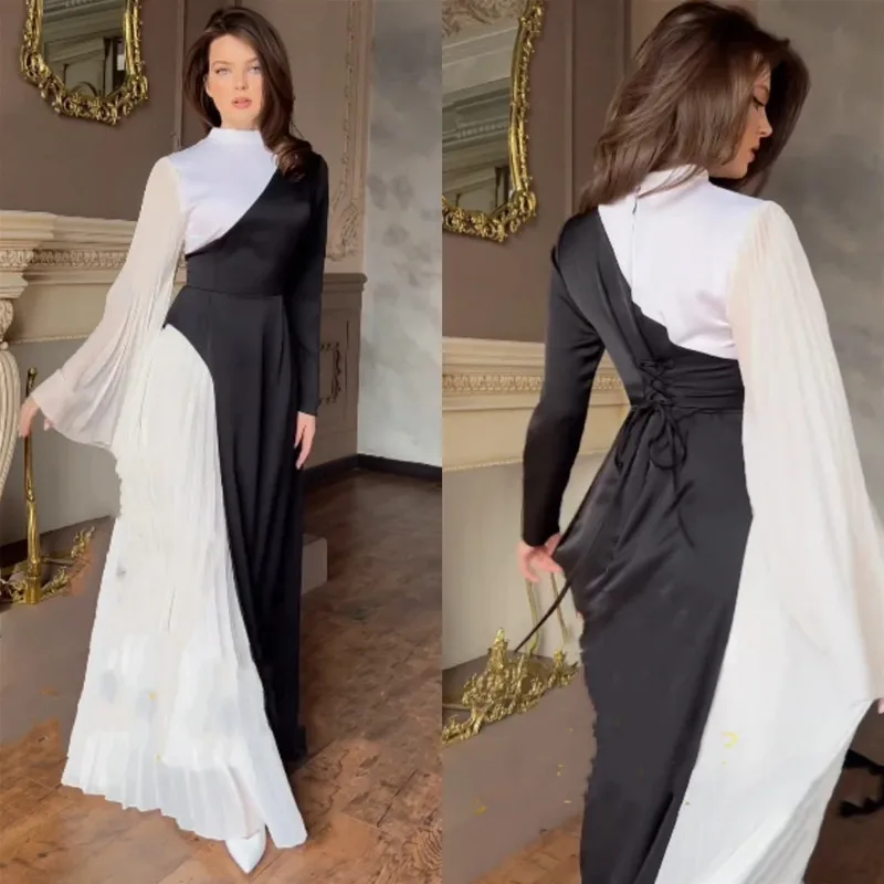 Aleeshuo Muslim Elegant Long A-Line Prom Gowns Contrast Color Evening Dresses Pleated O-Neck Floor-Length Party Robe de soirée