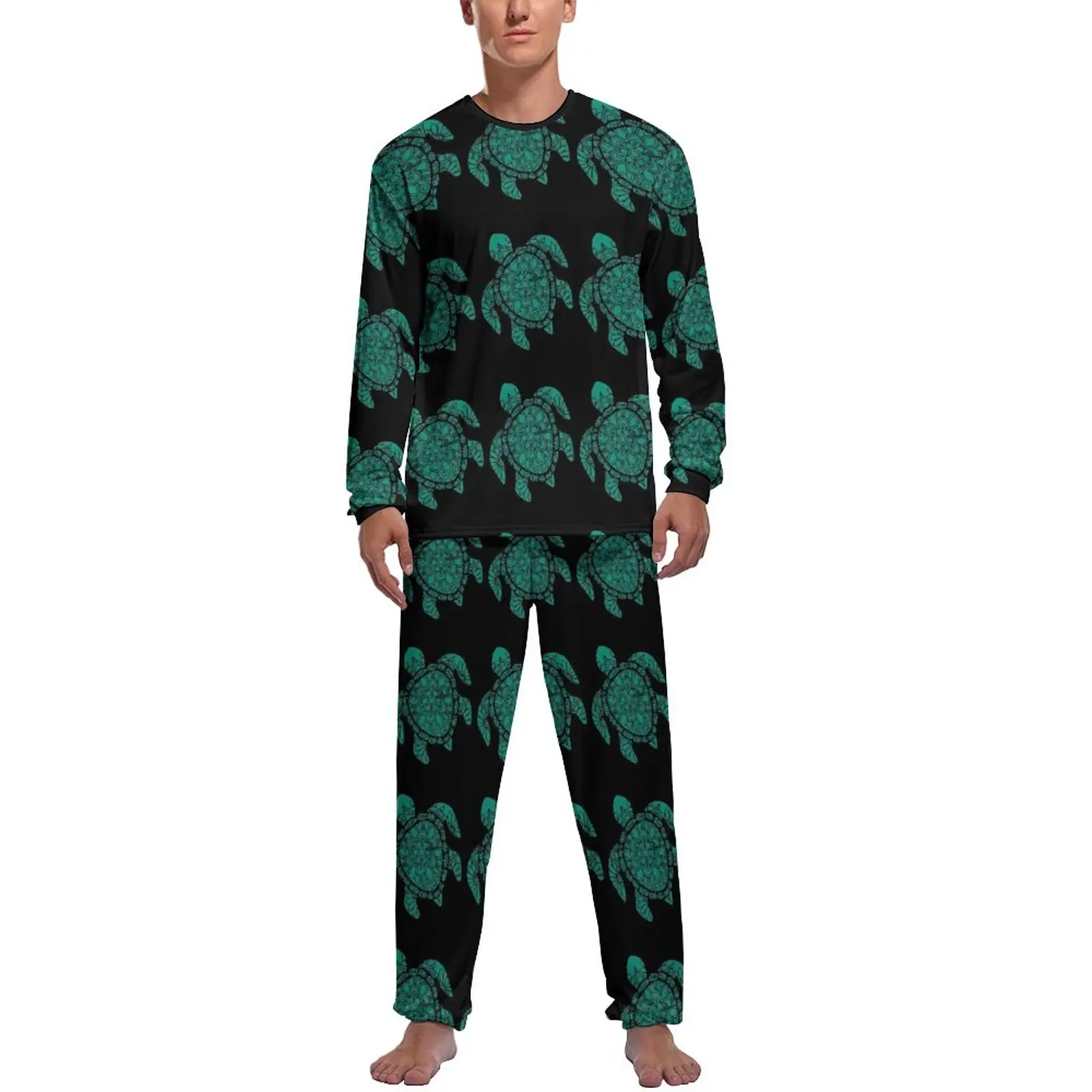 Sea Turtle Pajamas Autumn Mandala Print Night Nightwear Male 2 Pieces Design Long Sleeve Kawaii Pajamas Set