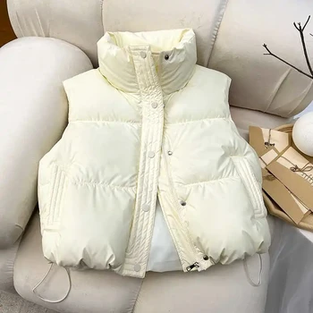 Winter Down Cotton Vest Jacket Women's 2025 New Sleevele Stand Parkas Warm Short Vest Coat Female Waistcoat Overcoat Ladies Tops