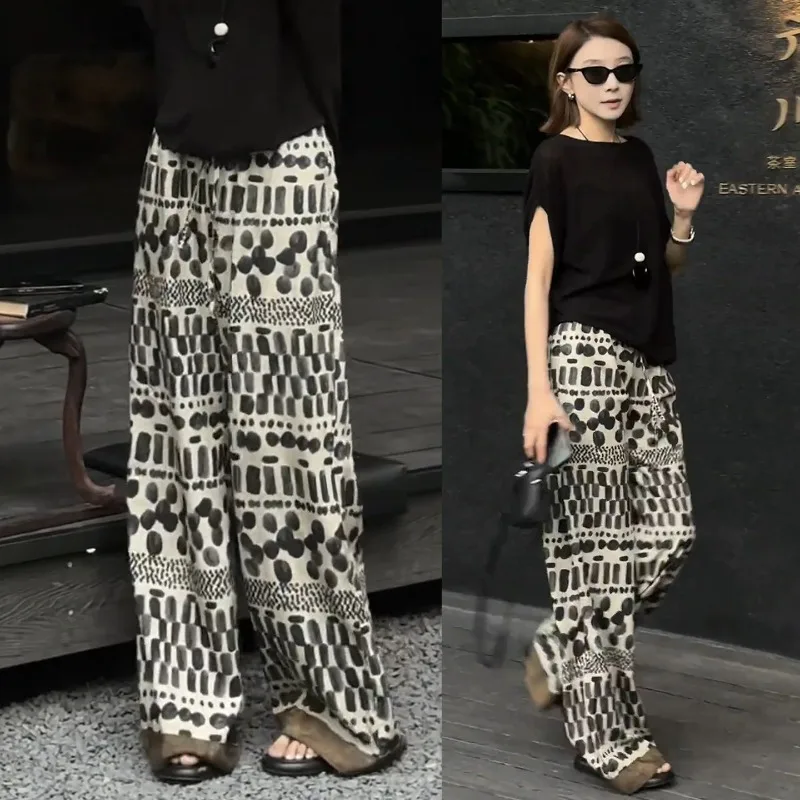 Loose Wide-leg Pants for Women's Autumn Fashion Versatile New Thin Tencel Pants, Comfortable Printed Pattern Drape Casual Style.