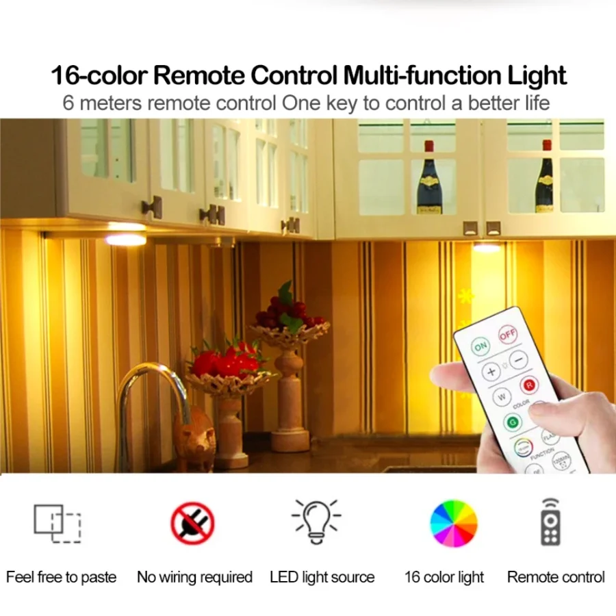 1 Set Multiple Controls 16 Colors Cabinet Light Dimmable LED Round Night Light Portable Cabinet Kitchen Closet Lamps with Remote